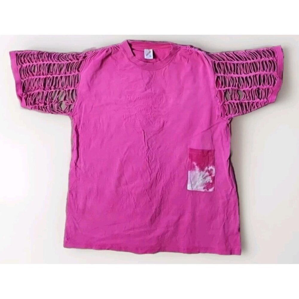 Razor Cut Sleeves Jerzees Hot Pink T-Shirt With Tie-Dye Pocket Upcycled OOAK